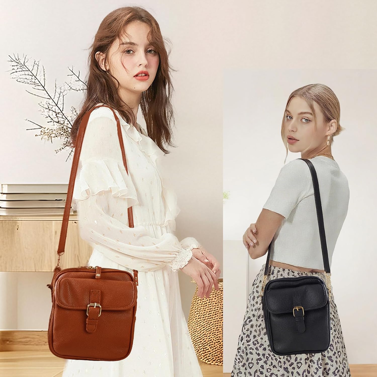 Leather Crossbody Bag for Women,Anti-Theft Messenger Bag with Large Capacity,Built-in Purse Card Slots Shoulder Sling Ba